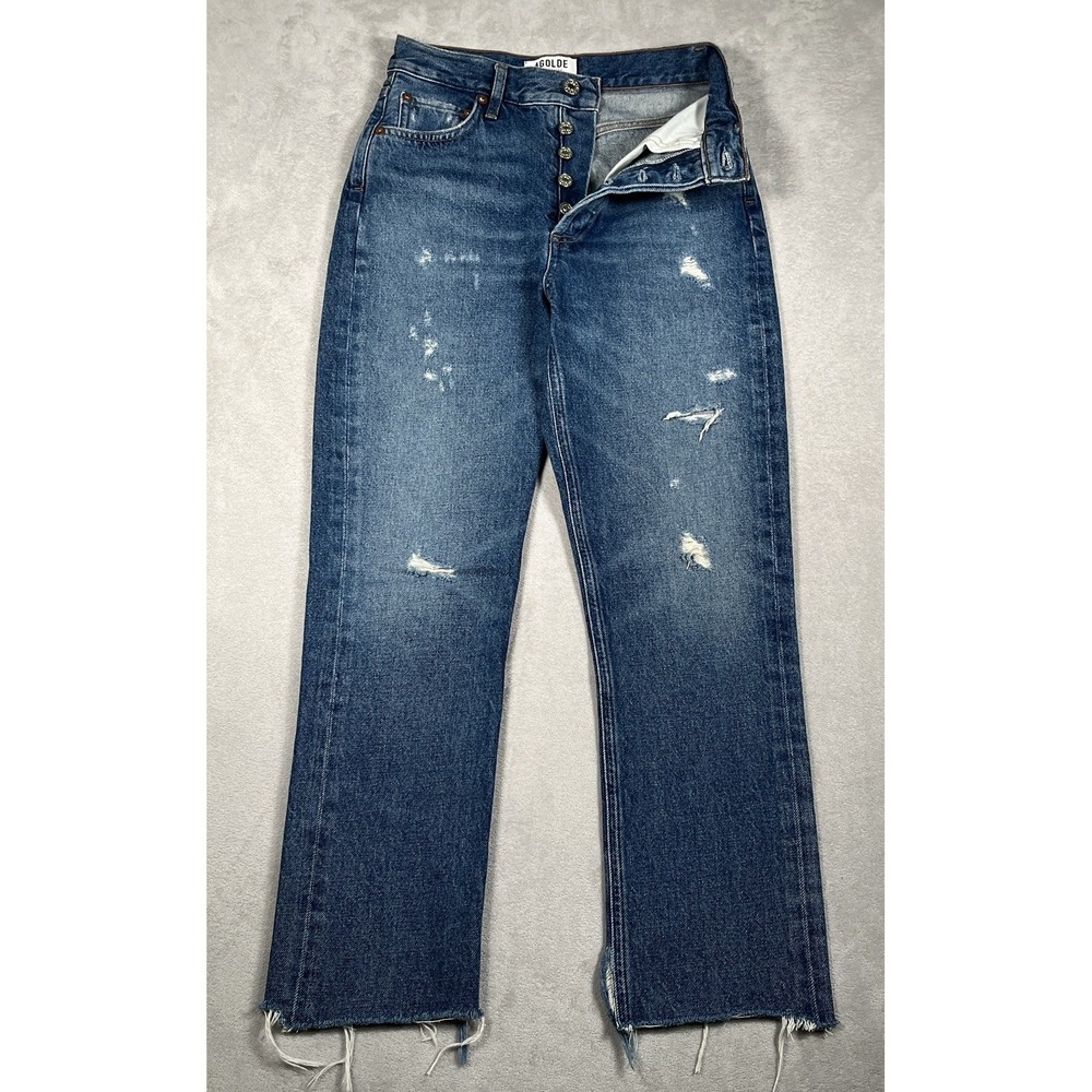 AGOLDE Riley High Rise Straight Crop Jeans Womens Size 24 Distressed Raw Hem